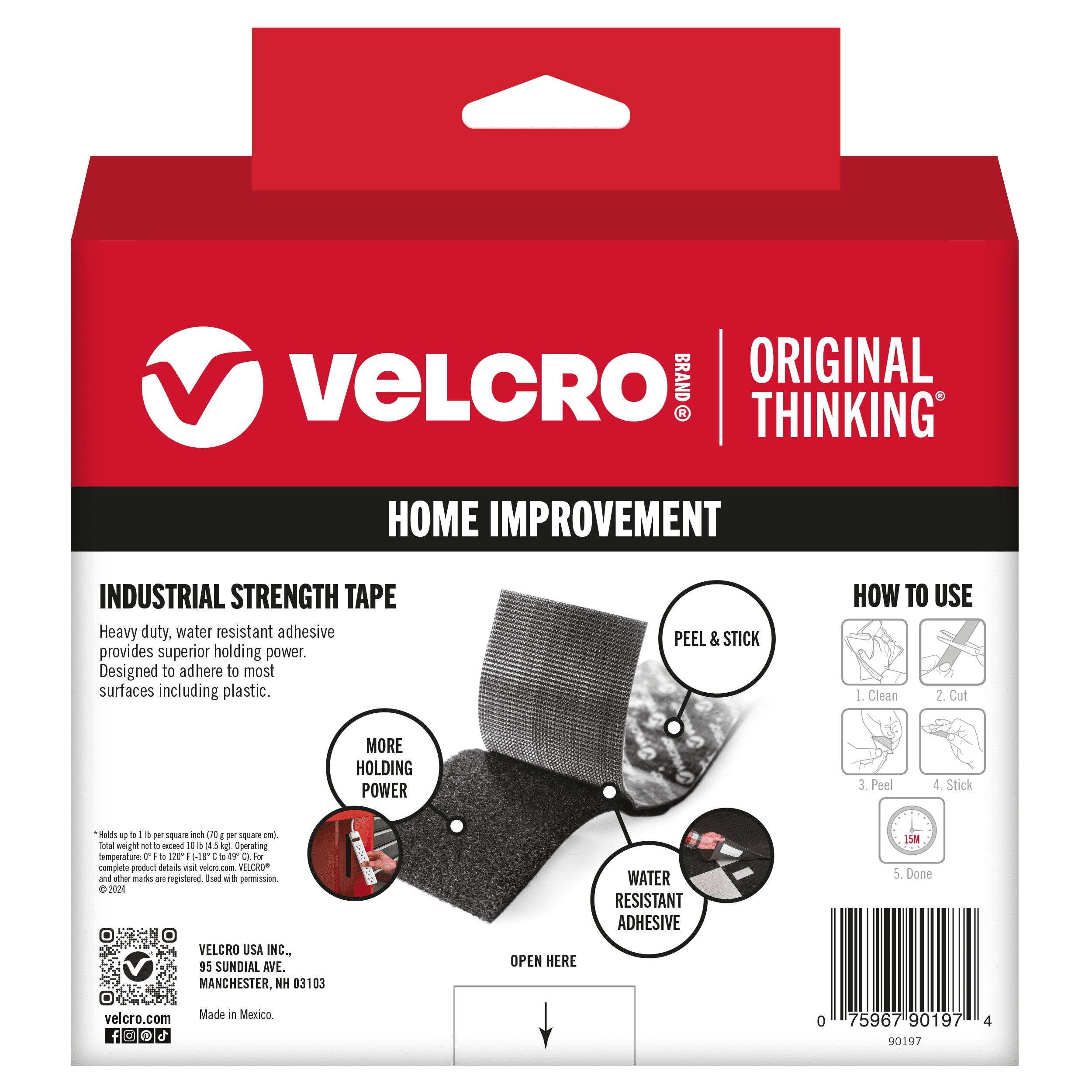 Back of VELCRO® Brand Industrial Strength Tape packaging.