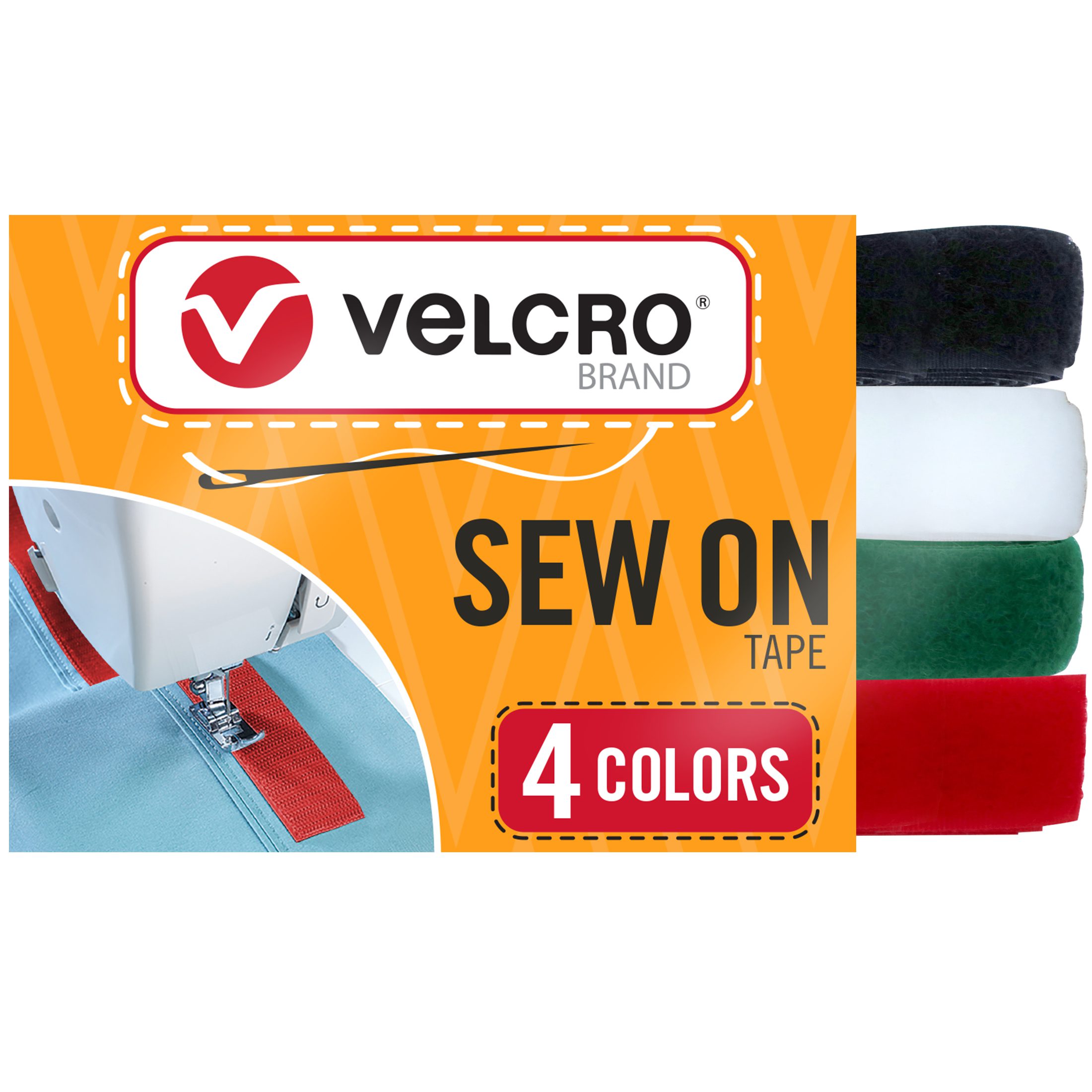 VELCRO® Brand Sew on Tape 4 Color Variety pack with black, white, green and red hook and loop fasteners.
