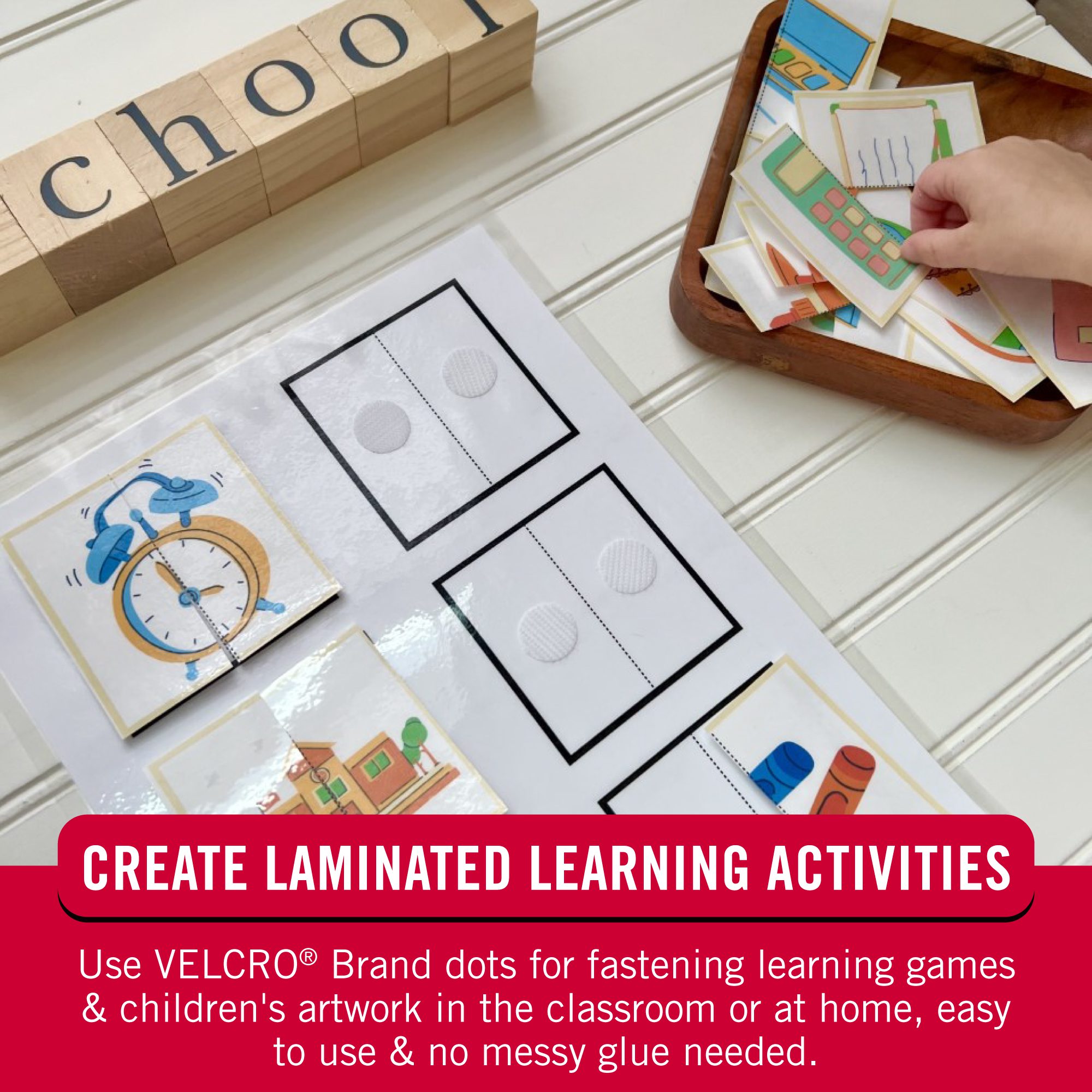 Laminated learning activity with sticky back dots.