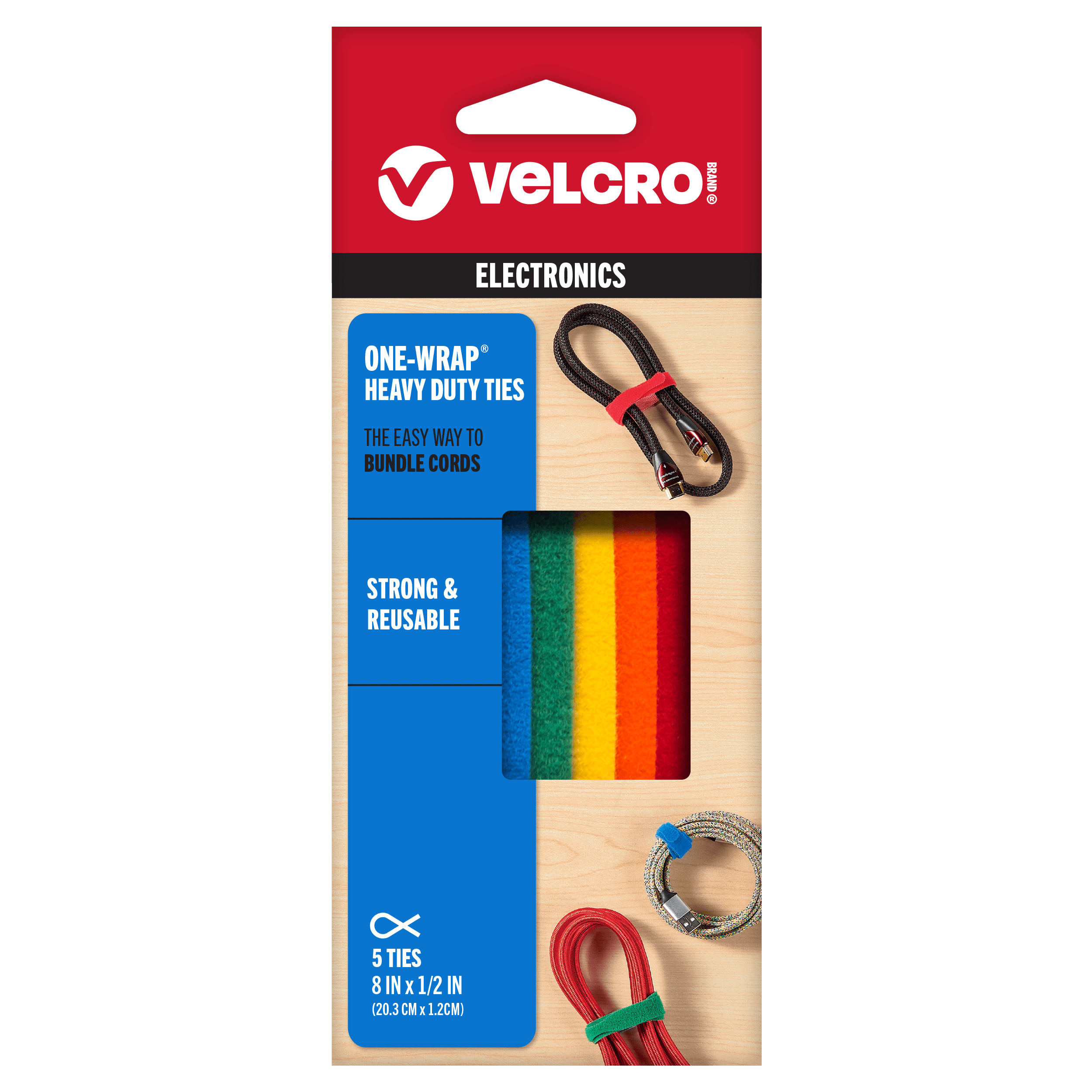 Heavy duty VELCRO® Brand straps for cables in bold colors still packaged