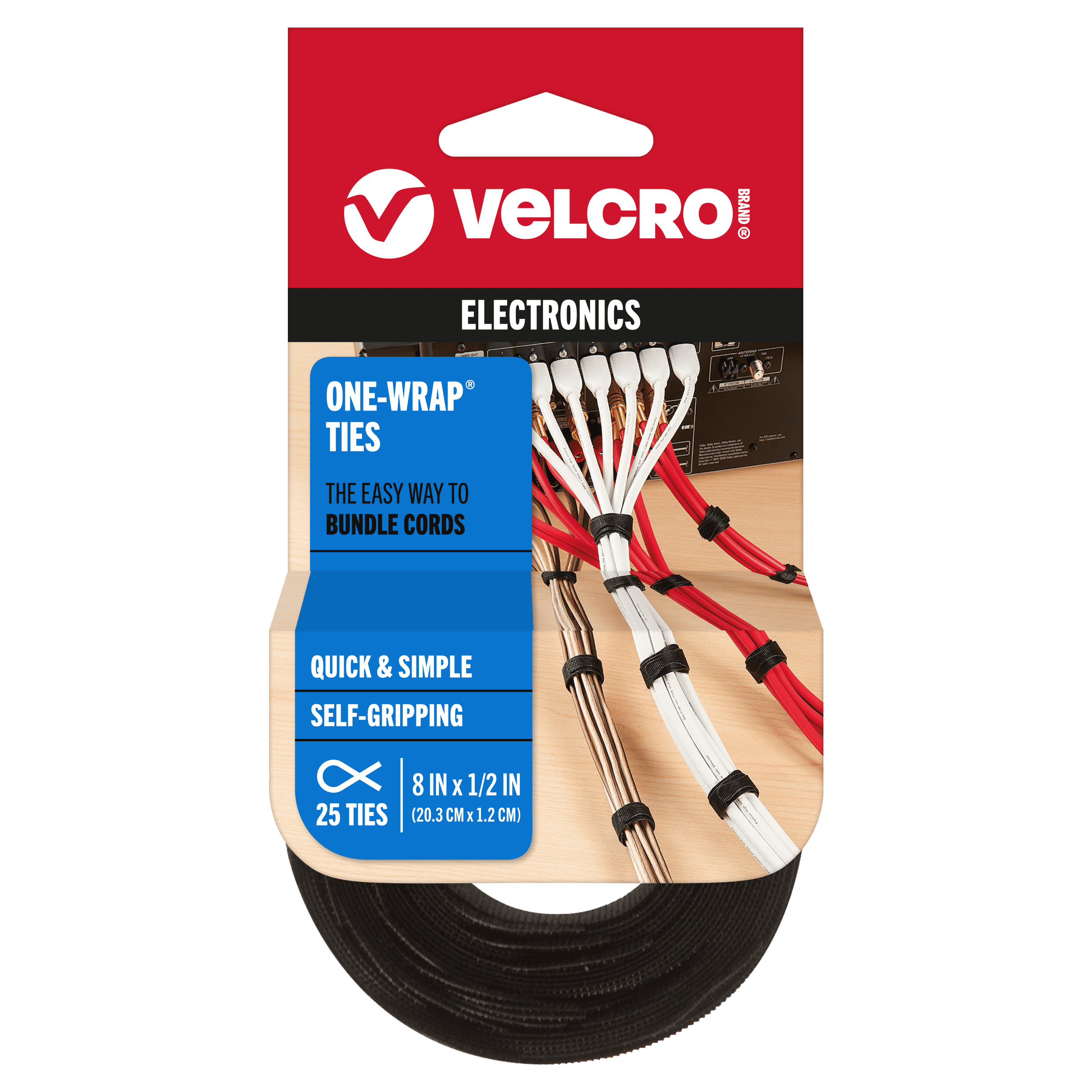 VELCRO Brand ONE-WRAP Cable Ties, 100Pk, 8 x 1/2" Black Cord Organization Straps