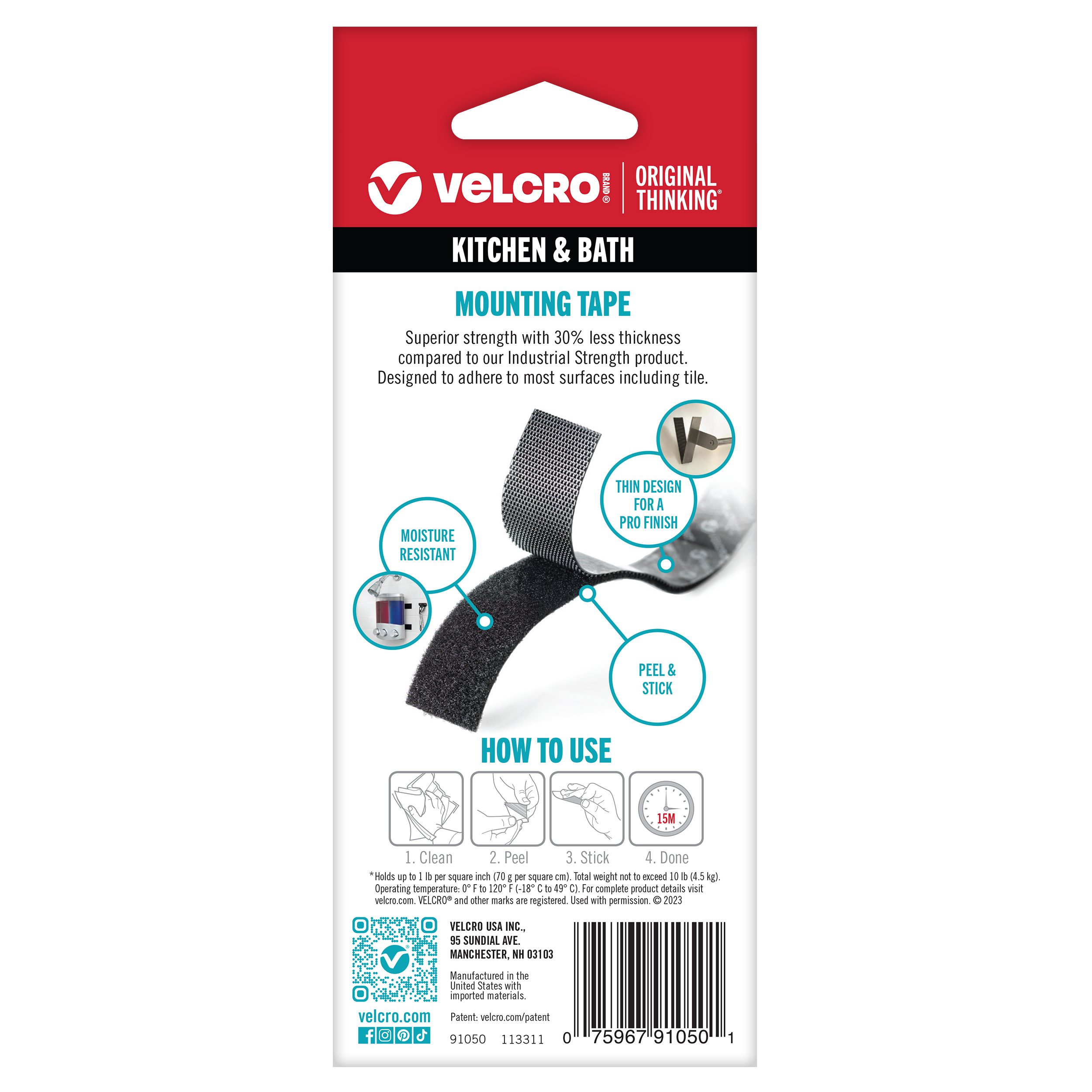 Packaging showing how to use VELCRO® Brand Kitchen & Bath Tape for wet surfaces.
