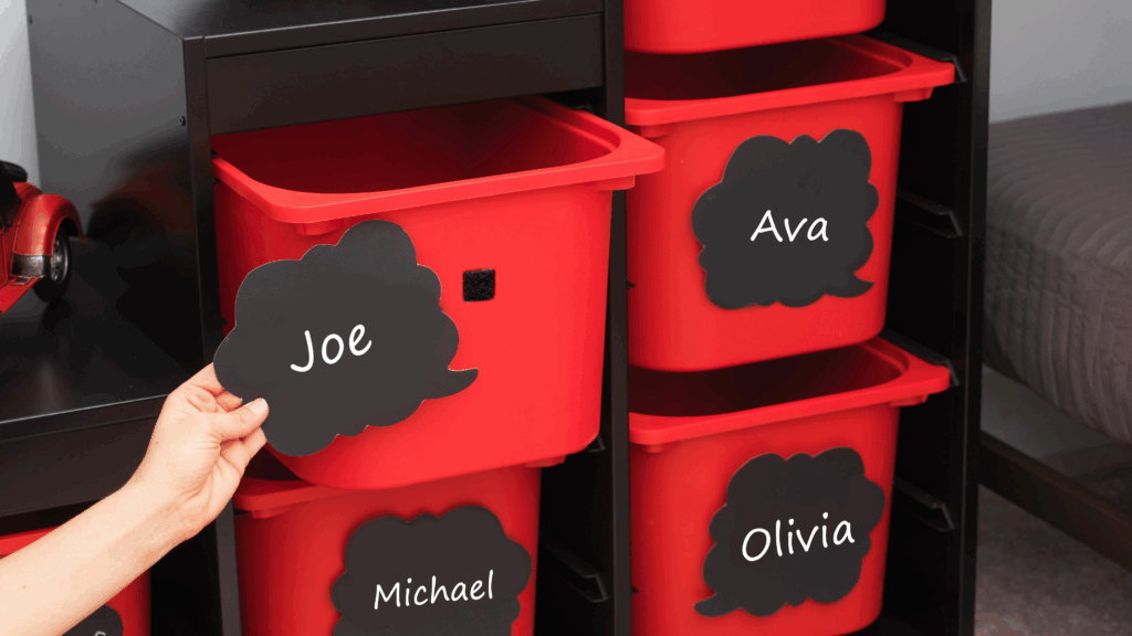 Red cubbies in classroom labeled with names using VELCRO® Brand Sticky Back Squares