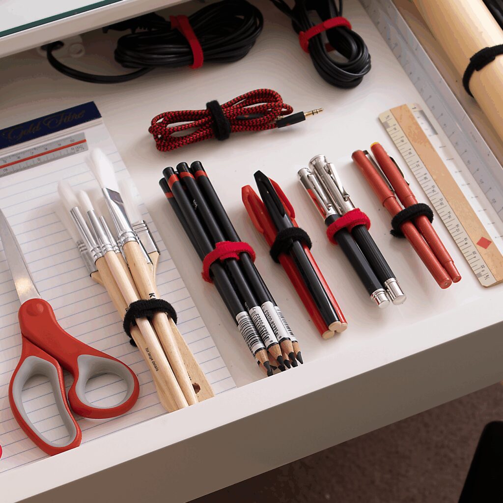 Desk drawer with pens, pencils and wires bundled using VELCRO® Brand ONE-WRAP® Heavy Duty Ties
