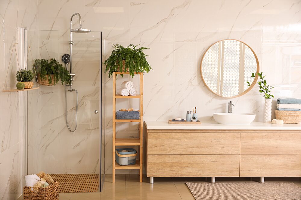 Bathroom modern and sleek. shower and vanity in shot
