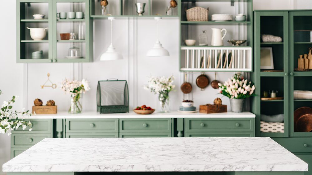 the Kitchen. Green Cabinets rustic farmhouse looking