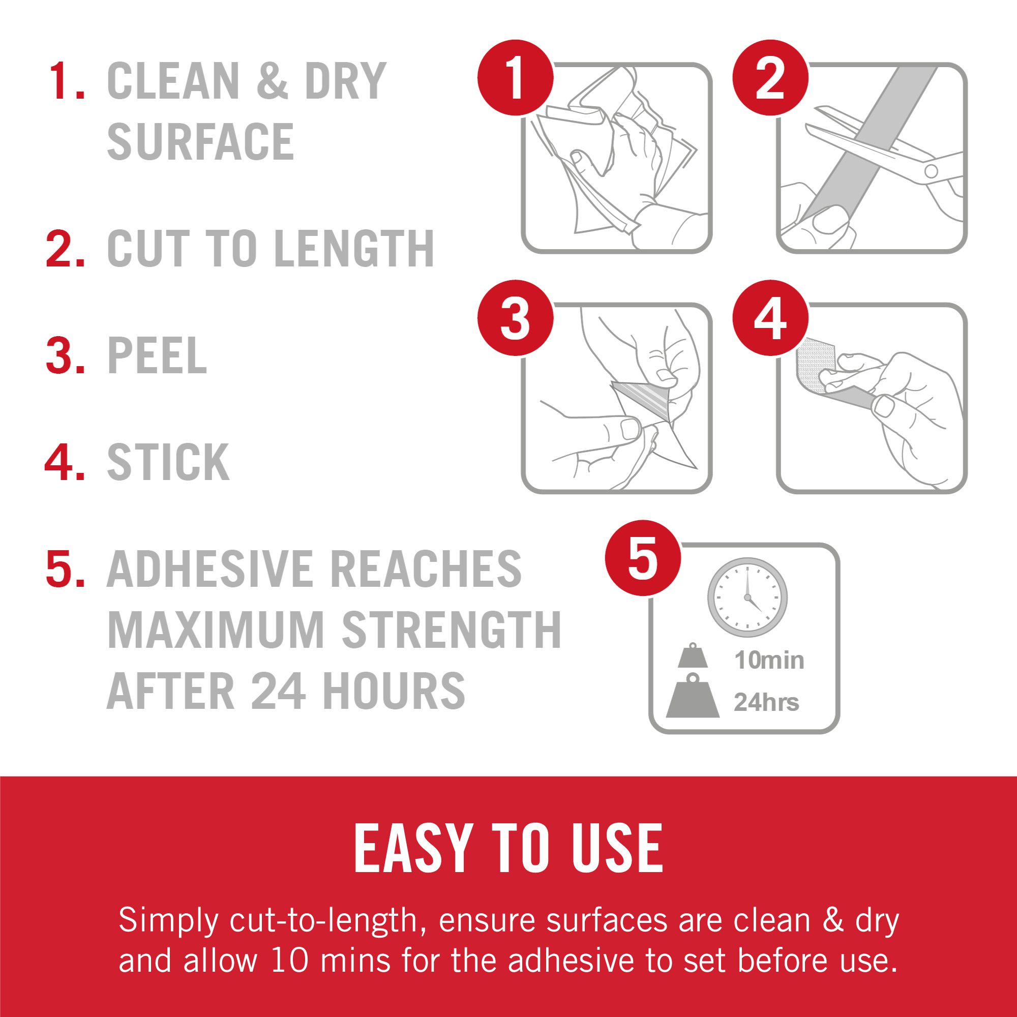 Visual instructions for how to use VELCRO® Brand Sticky Back fasteners.