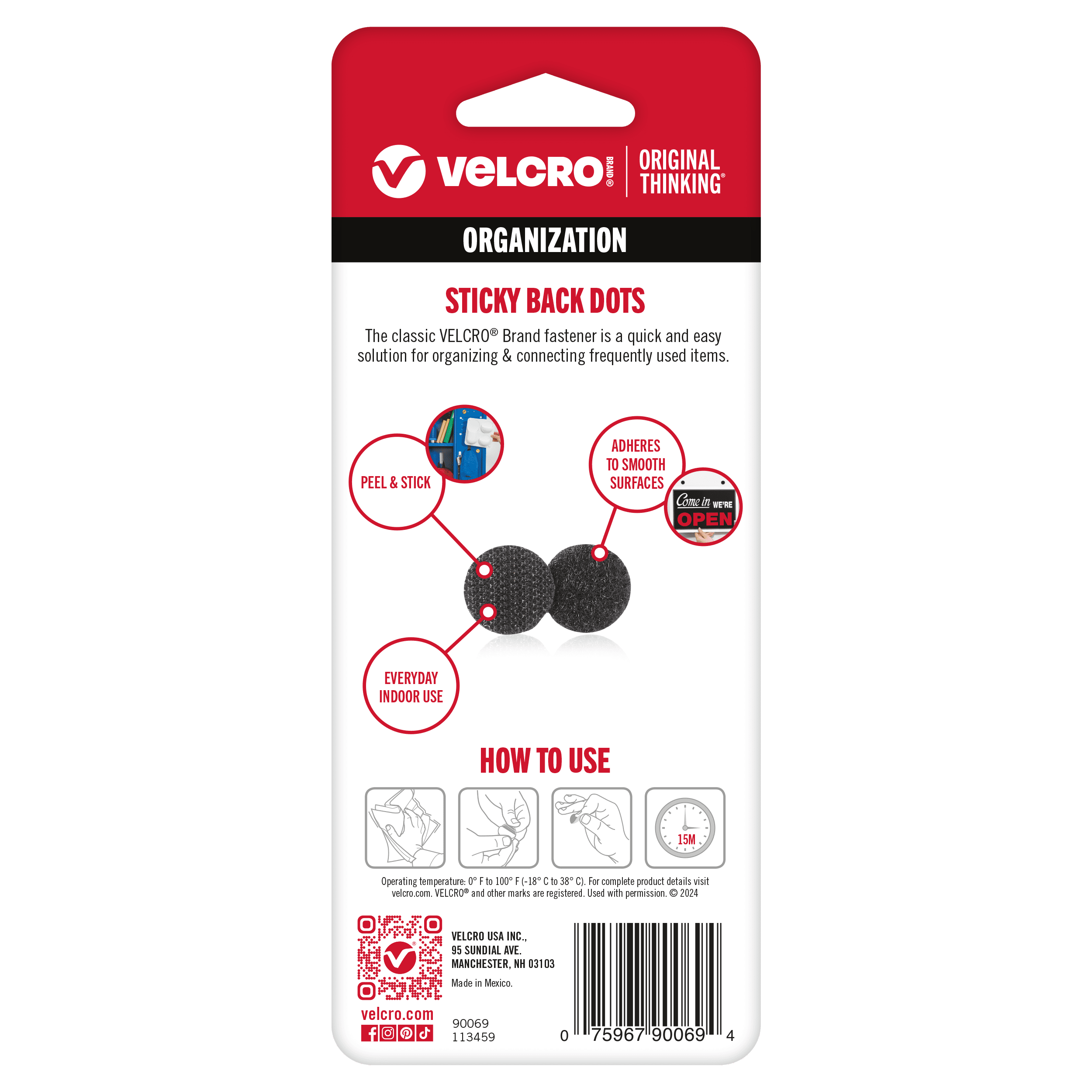 Back of VELCRO® Brand Dots packaging, showing product highlights and how to use.