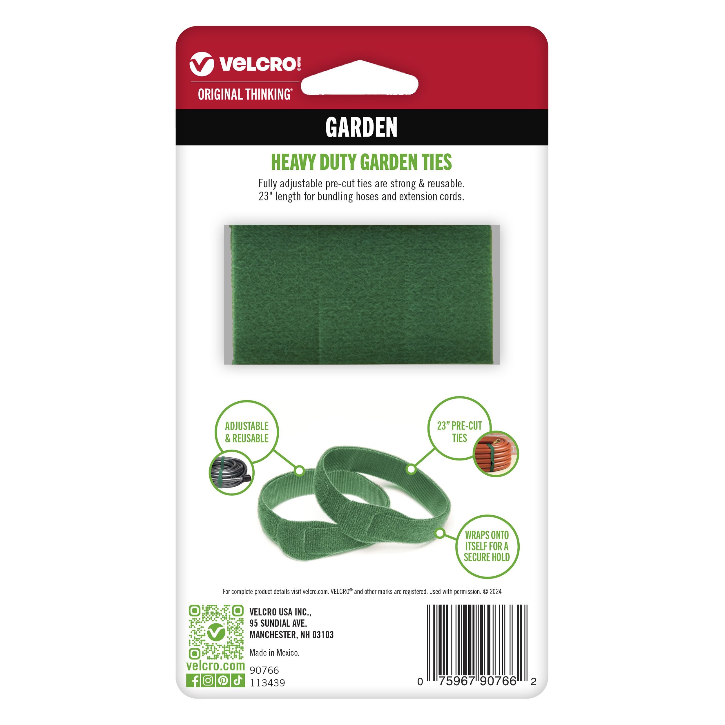 Back of packaging for VELCRO® Brand Heavy Duty Garden Ties - adjustable, reusable and pre-cut plant ties.