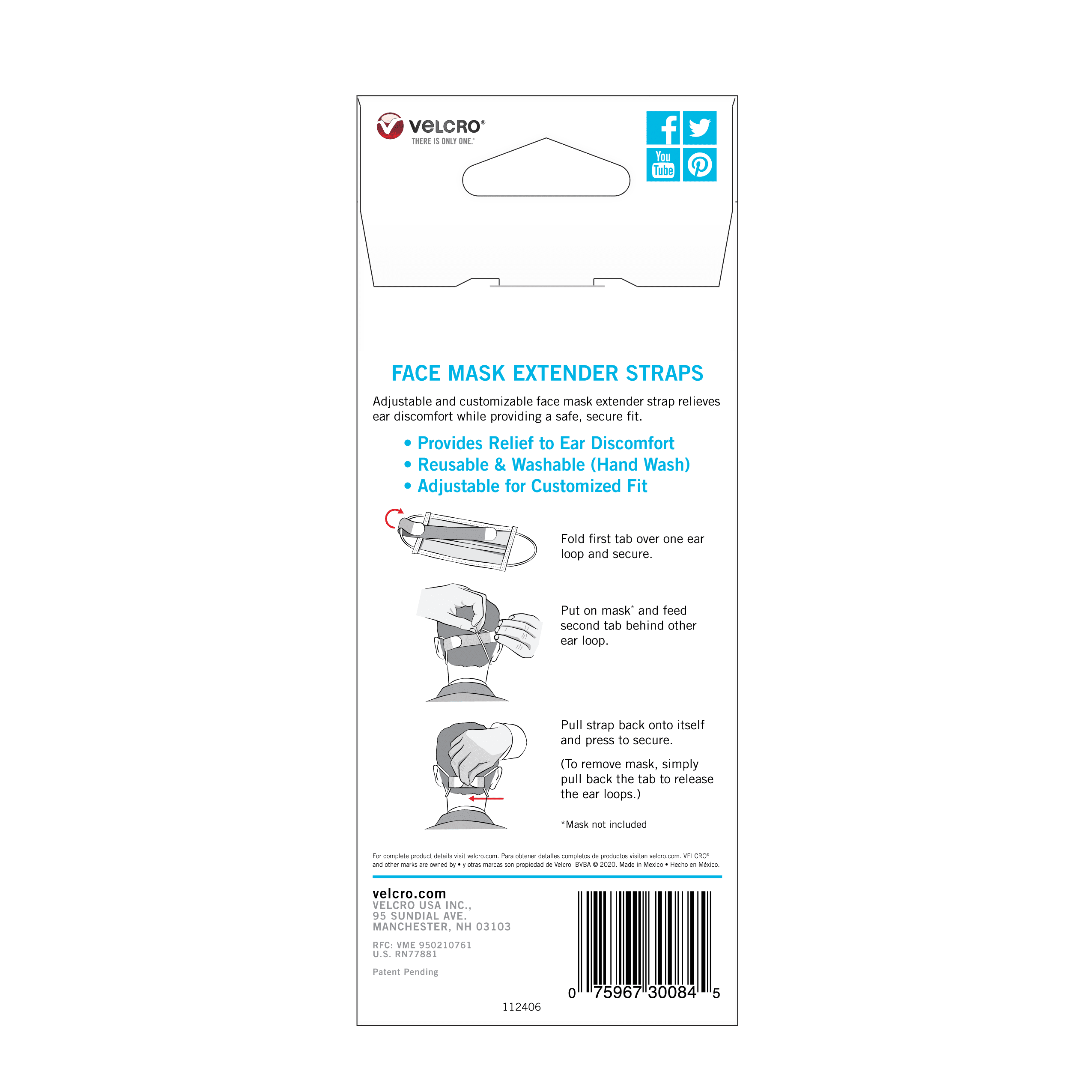 VELCRO Brand Face Mask Extender Straps 4pk Black, 12” x 1” Comfortable and  Adjustable Ear Savers, VEL-30084-USA (Pack of 2)