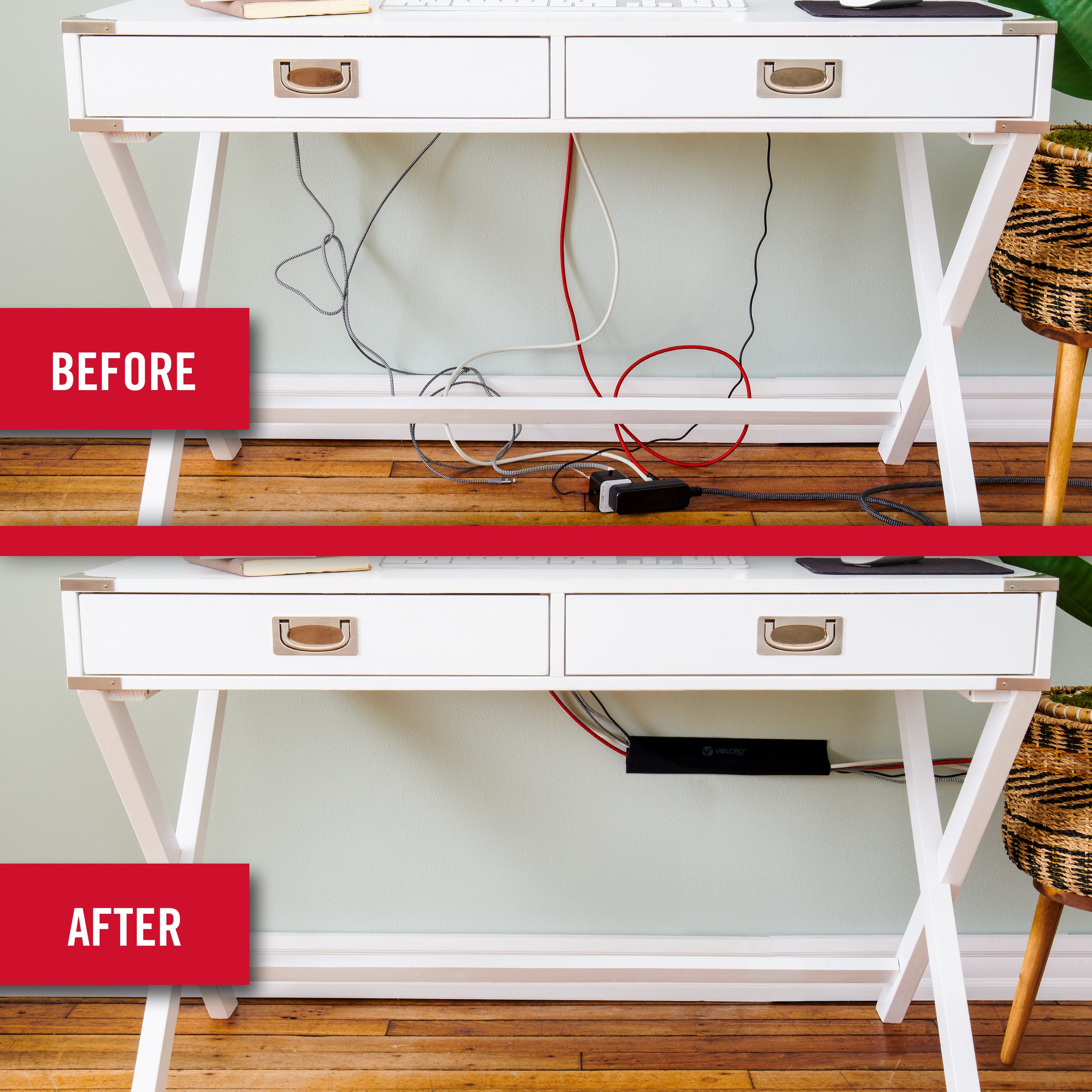 Before and after images of desk with VELCRO® Brand cable sleeves for cable management.