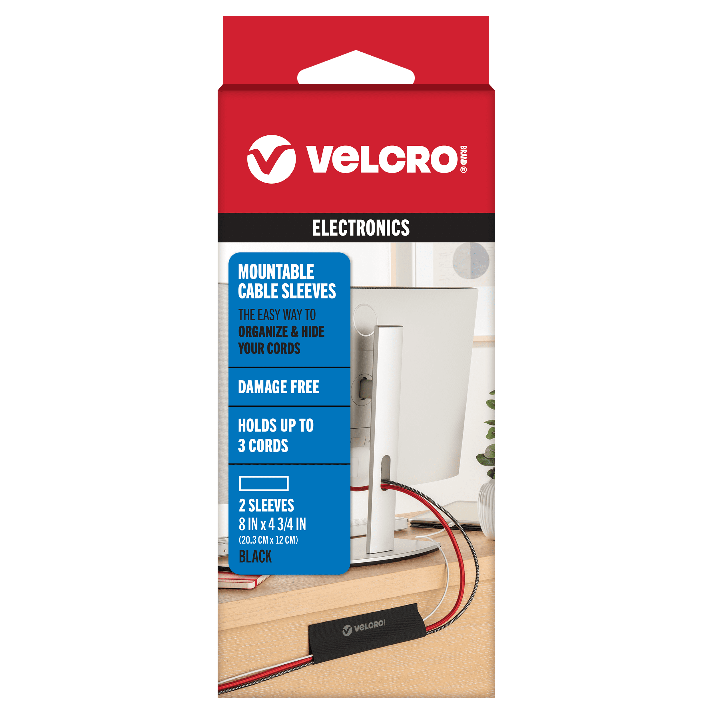 VELCRO® Brand Mountable Cable Sleeves in black packaging.