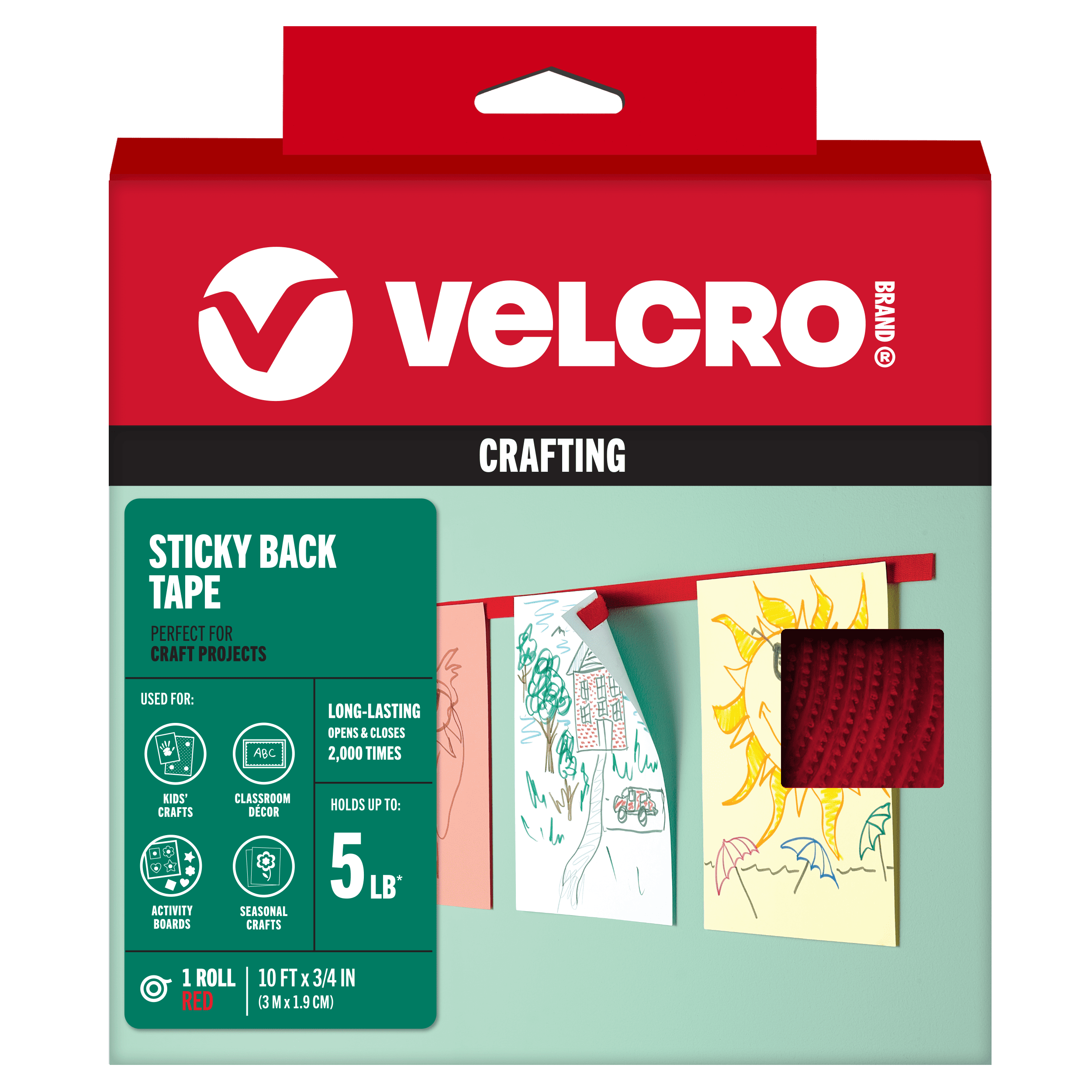 Red VELCRO Brand Sticky Back 10ft x 3/4in tape for crafting.