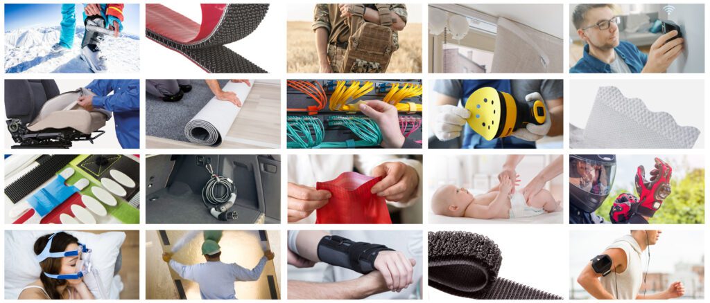 Collage of businesses and products that feature VELCRO® Brand hook and loop technology.