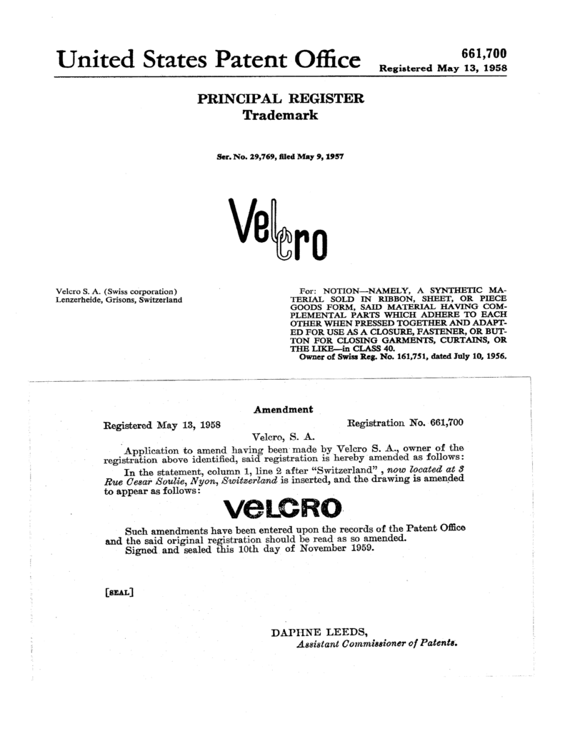 Original US VELCRO® patent from the United States Patent Office - registered in 1958.