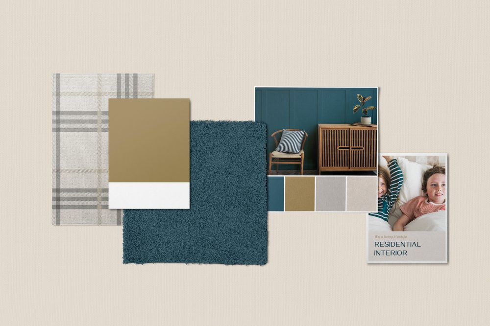 Mood board for dorm room with plaid prints, neutrals and dark turquoise.