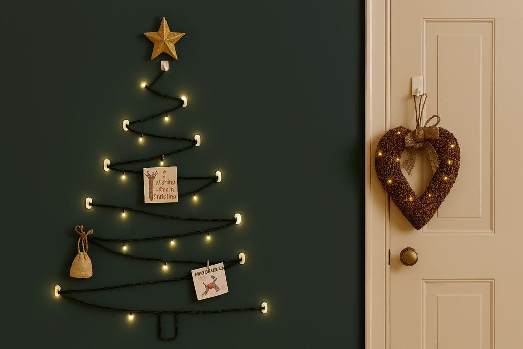 String light wall tree with holiday cards clipped on, a space-saving DIY Christmas decoration
