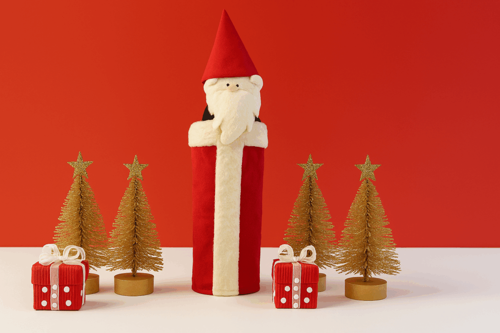 Wine bottle wrapped in red and white felt to look like Santa Claus, secured with fabric fasteners.
