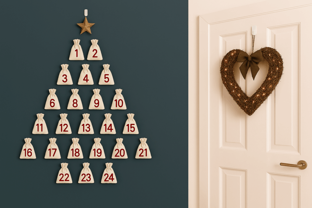 Fabric advent calendar bags arranged in a tree shape using removable wall hooks