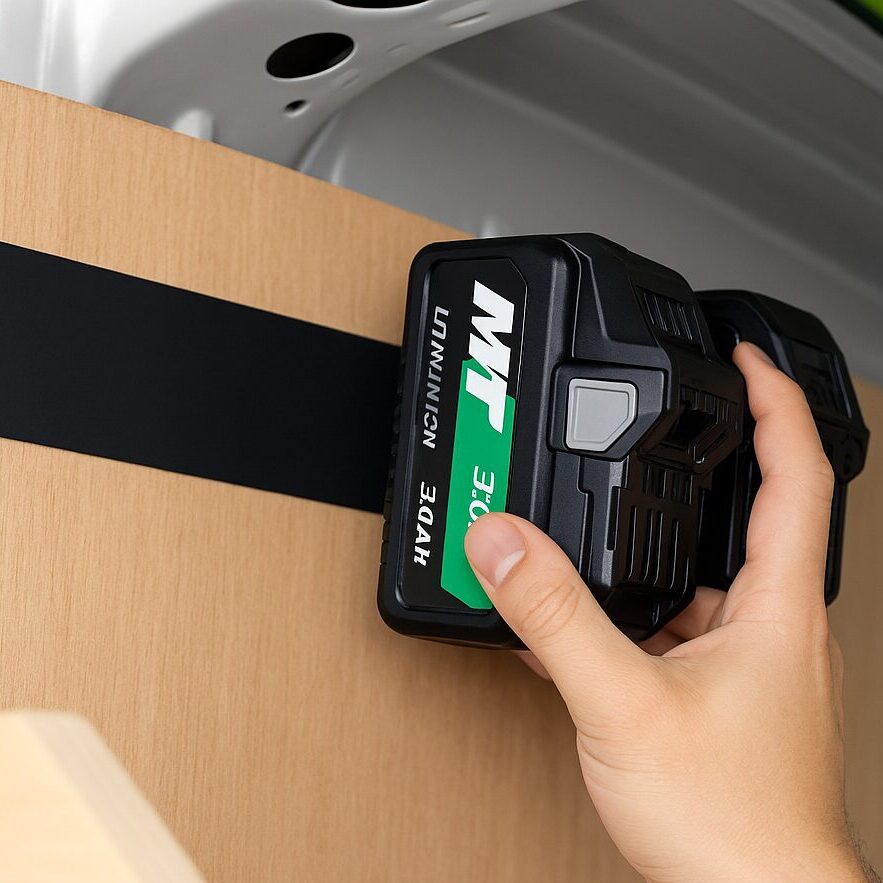 Van organization idea using VELCRO® Brand Industrial Strength Tape to mount battery packs on a van wall
