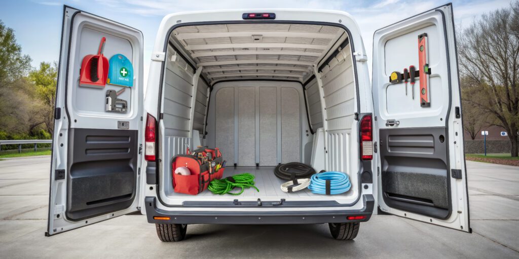 White van with a variety of work gear organized using VELCRO® Brand products.