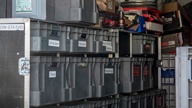 Truck interior with totes labeled using VELCRO® Brand Sticky Back Dots