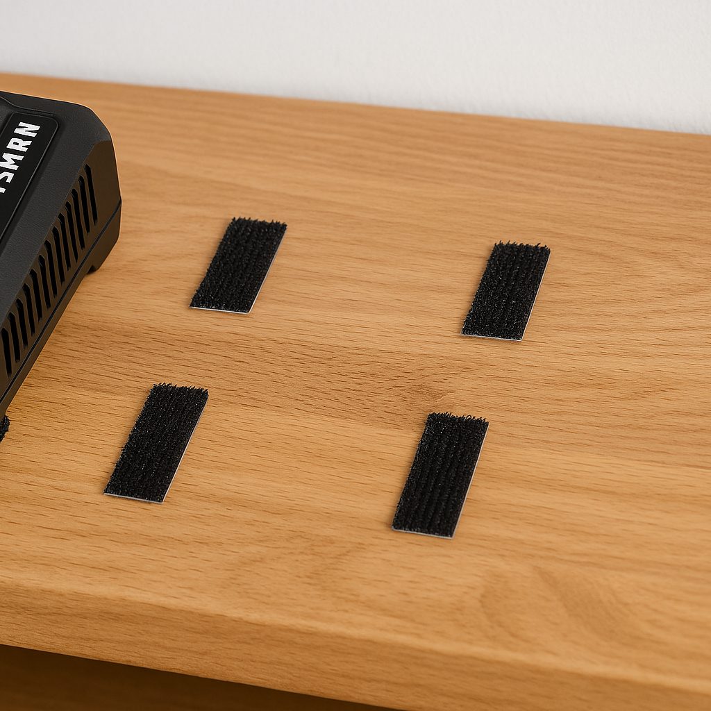 VELCRO® Brand Workbench Mounting Strips securing heavy item to shelf for safe transportation in work van.